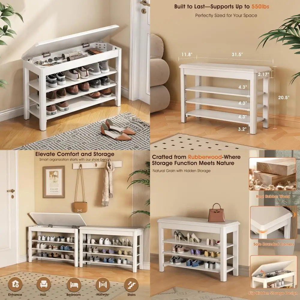 

Mid-Century Modern 3-Tier Rubberwood Shoe Rack Bench with Storage, Supporting Up to 550lbs, Ideal for Compact Entryways and Hall