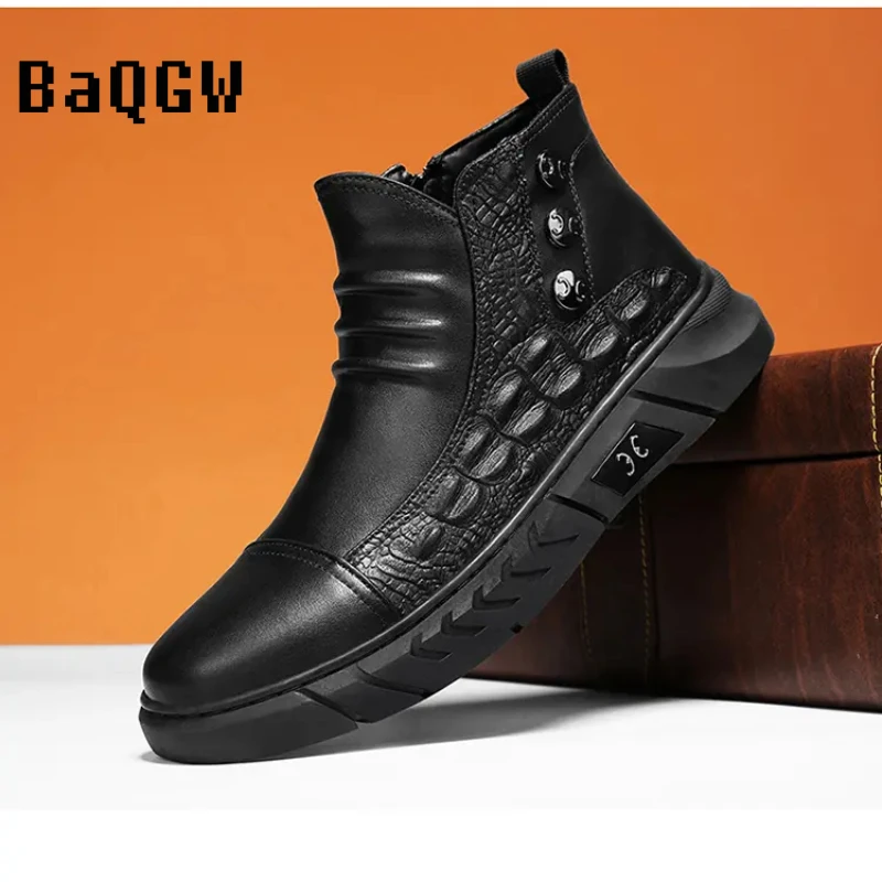 Botas masculinas de couro PU de alto nível, com zíper, andar confortável ao ar livre, ferramental, estilo britânico, moda, outono, inverno, 2022