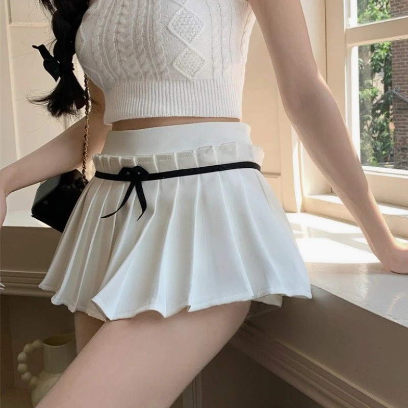 HOUZHOU Kawaii Pleated Skirt with Shorts Women Korean Preppy Style Bow Patchwork Black White Cute Mini Skirt Summer Gyaru