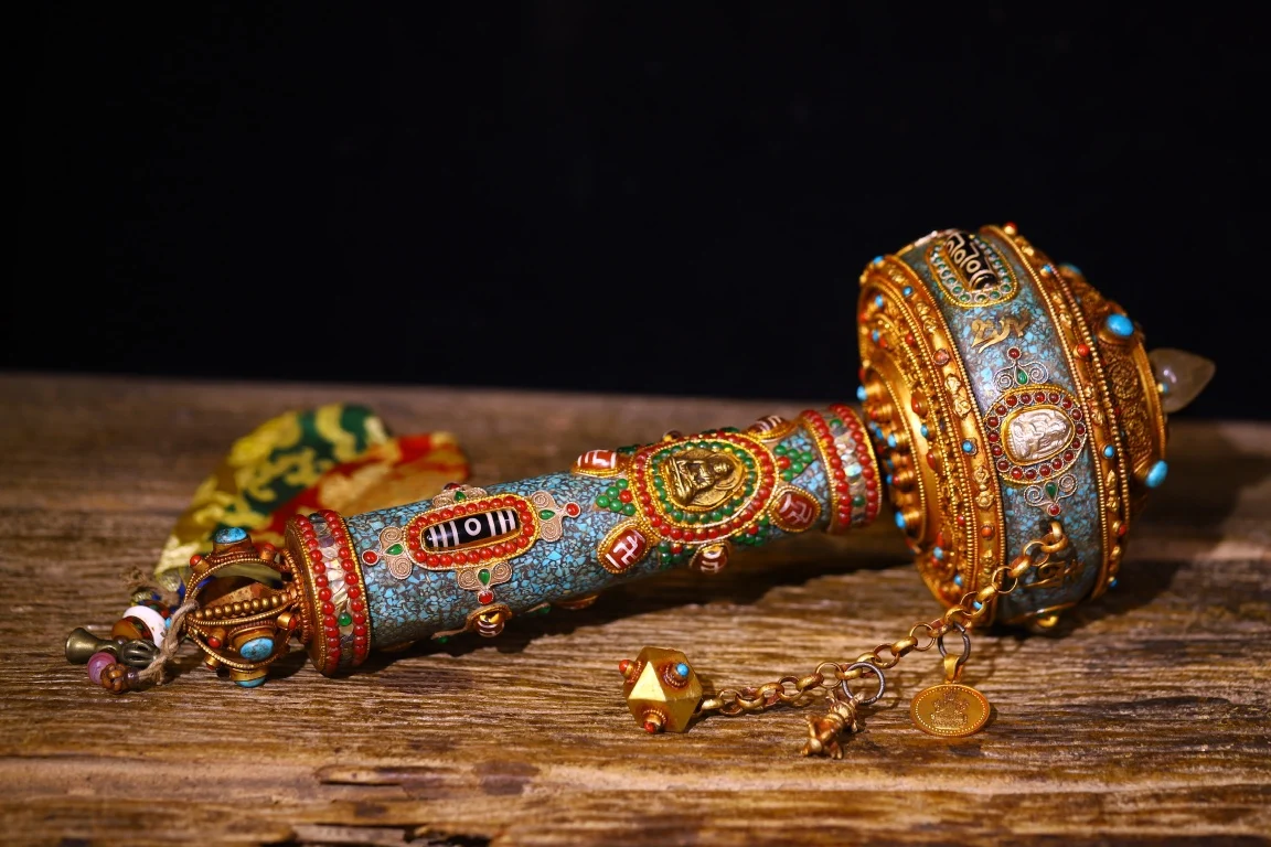 

14"Tibetan Temple Collection Old Tibetan Silver Crystal Mosaic Gem gZi Beads Shell Buddha Wheel Prayer Wheel Old Scripture