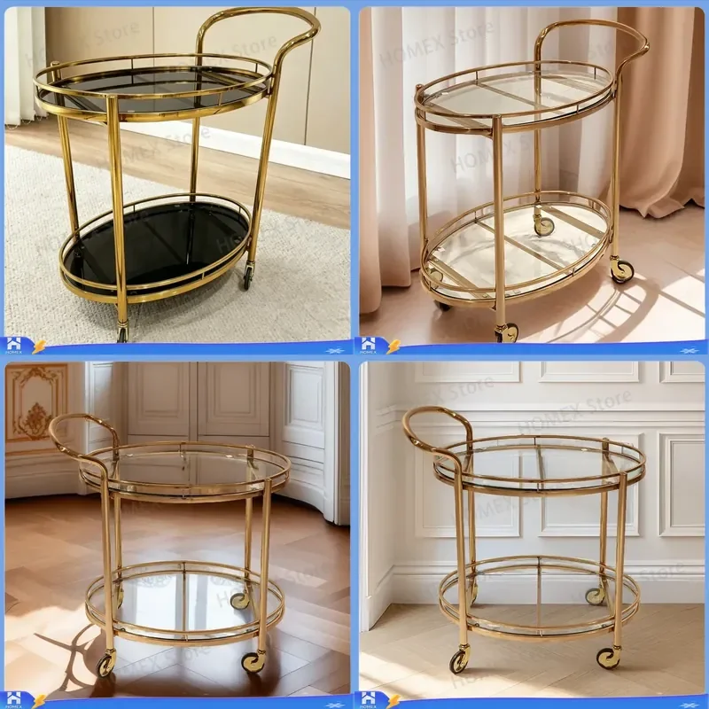 Luxury Stainless Steel Glass Tea Trolley Oval Wine Cart Mobile Bar Serving Table for Restaurant Home Living Room Furniture