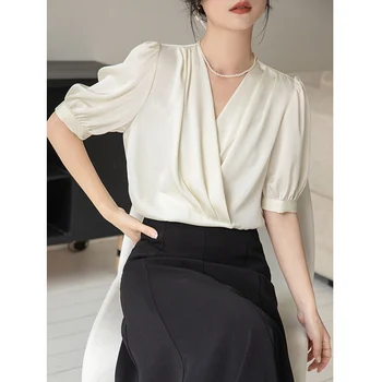 오피스 레이디 우아한 패션 루즈 블라우스, 여성 쉬폰 할로우 아웃 접합 셔츠, 캐주얼 출퇴근 풀오버 상의, 여름 신상 