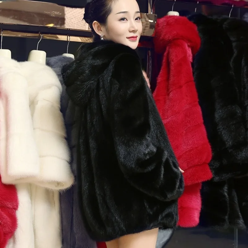 Faux Fur Jacket Women's Mid-length Straight Fox Fur Mink Sweater Hooded Sweater 2022 New Thick Warm Jacket Women Winter