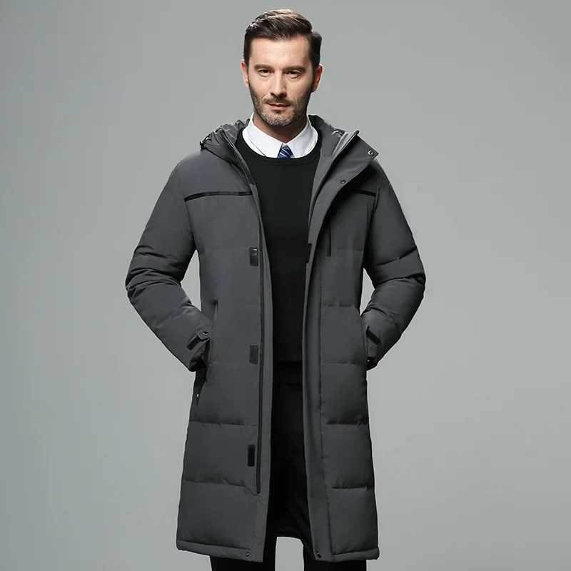 Abrigos largos de plumón de pato negro para hombre, chaquetas casuales con capucha, chaquetas cálidas a prueba de viento para exteriores de calidad,