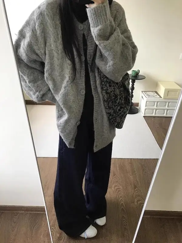 

ay Knitted Twist Sweater Women's Soft Cozy Korean Sle Spring Autumn Winter Open Cardigan Coat Loose Fit Long Sve round...