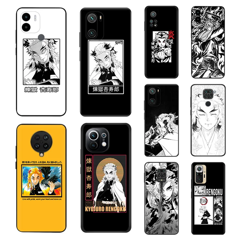 Black Soft Phone Cases For Redmi Note 10 10s 9 9t 9s 8 8t 7 9a 9i 10a 10c 13 a3x mi 10t Pro Demon Slayer Rengoku Kyoujurou Cover