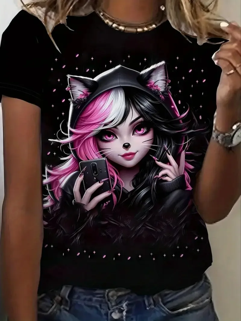 

Japanese anime women's Cat's ears 3D printed women's short sleeve round neck t-shirt top fashion summer casual women's Clothing