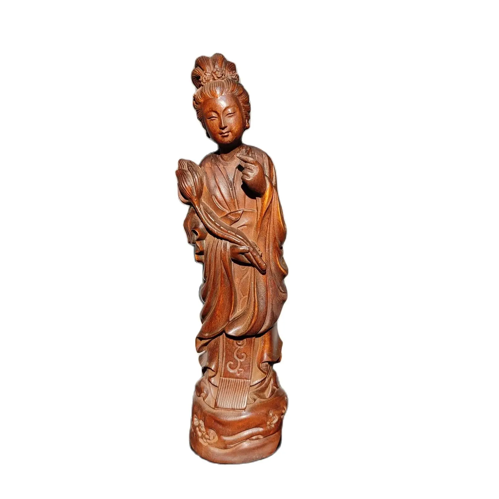 

vintage wooden statue decorative sculpture Ho Hsien-ku woman lotu blossom flower