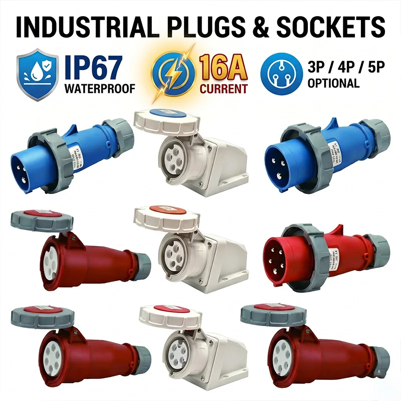 16A IP67 Waterproof Industrial Plug Socket Connector 3P 4P 5P 220V 380V Wall Surface Flush Mount Electrical Power Outlet Series