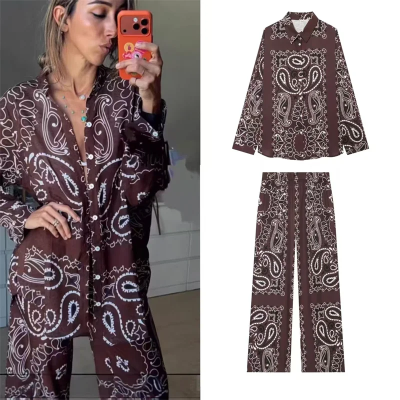 

Women's Suit 2026 Summer New Style Brown Printed Long-Sleeve Loose Shirt with Straight-Leg Pants Set Beach Vacation Casual Lazy