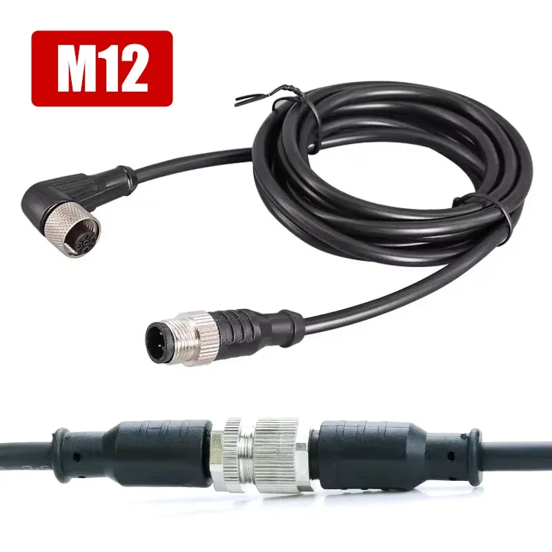 M12 Double Head Elbow Male Head to Straight Female Head Aviation Sensors 3 4 5 6 8 12 17 Pin Communication Connector 2 Meters
