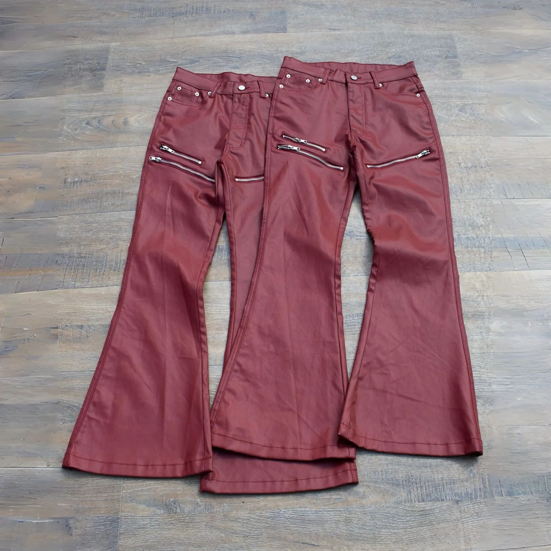 Mens Red Effect Jeans Zipper Details Waxed Coated Denim Flared Pants for Experimental Fashion Looks