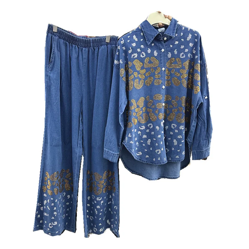 

Trendy Leopard Diamonds Women Denim Sets Single-breasted Loose Long Sleeve Cardigans Top + Elastic Waist Wide Leg Jeans Suits