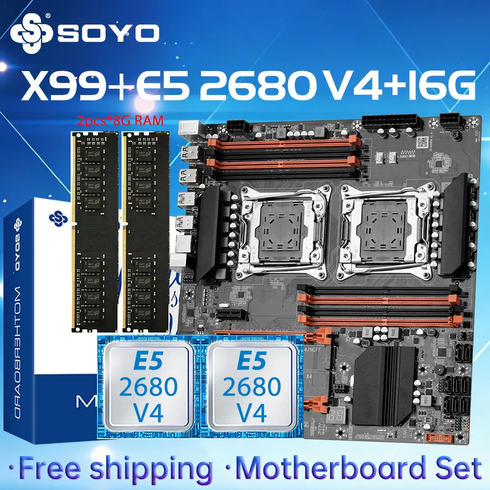 

SOYO X99 Dual CPU Gaming Motherboard Kit lntel Xeon E5 2680 V4*2&DDR4 16GB (2*8GB) LGA2011-3 M.2 NVME for Desktop Computer Host