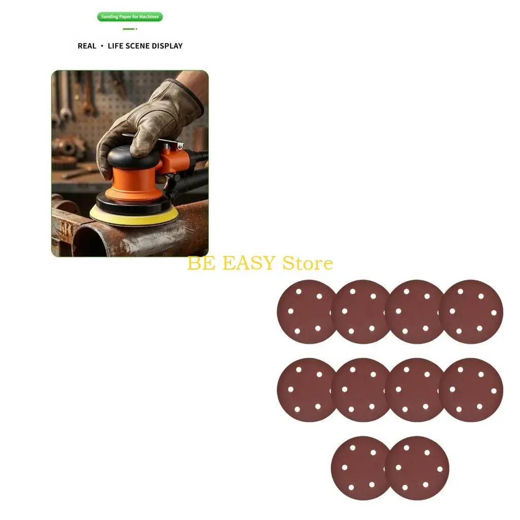 E28F 10Pcs 5Inch Hook Loop Sandpaper Sanding Discs For Angle Grinder 6 Holes for Dust Extraction Dry Wet Sanding