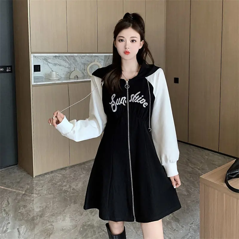Casual Letter Printing Hooded Mini Dress Spring Autumn New Long Sleeve Contrast Patchwork Dresses Fashion Sweet Women Clothing