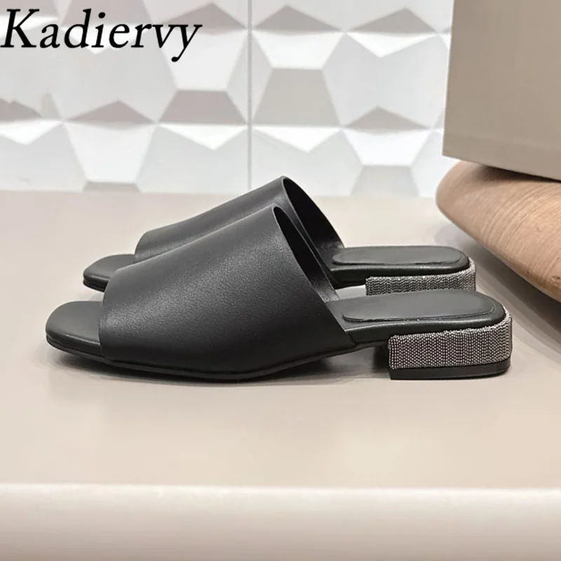 

New Slippers Woman Chain String Beads Square Heels Mules Shoes Woman Coffee Black Genuine Leather Slides Summer Slippers Woman