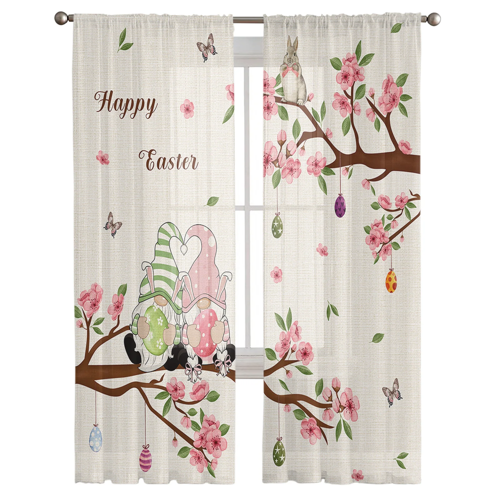 Easter Cotton Bunny Bunny Cherry Blossom Plant Sheer Curtains for Living Room Modern Bedroom Voile Tulle Curtain Window Drapes