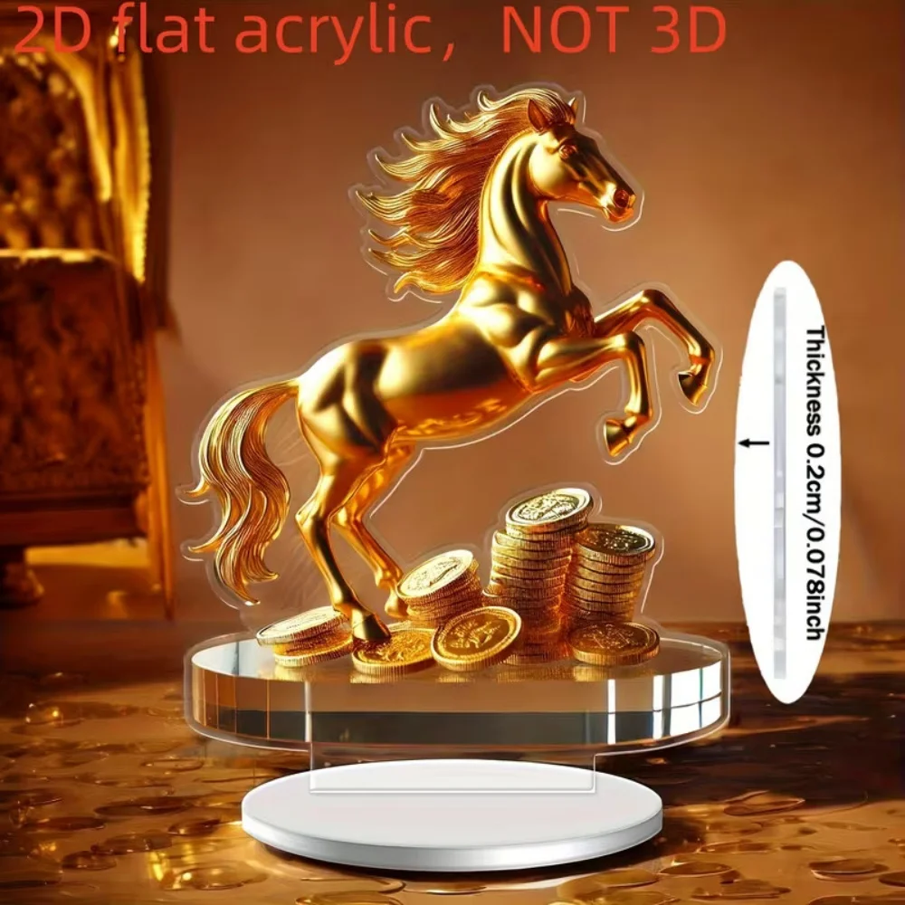 1 pieza de caballo galopante dorado auspicioso, adorno acrílico 2D, decoración de escritorio, muebles suaves, adorno temático feng shui