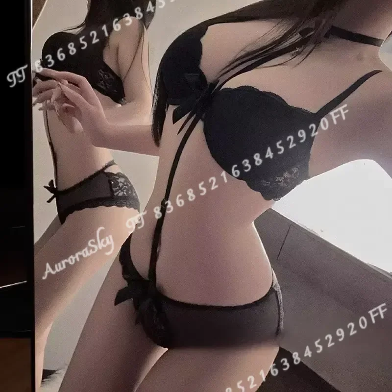Sexy Push Up Bra Set with Detachable Neck Strap Lace Lingerie Cross Strap Design Machine Washable Underwear for Women