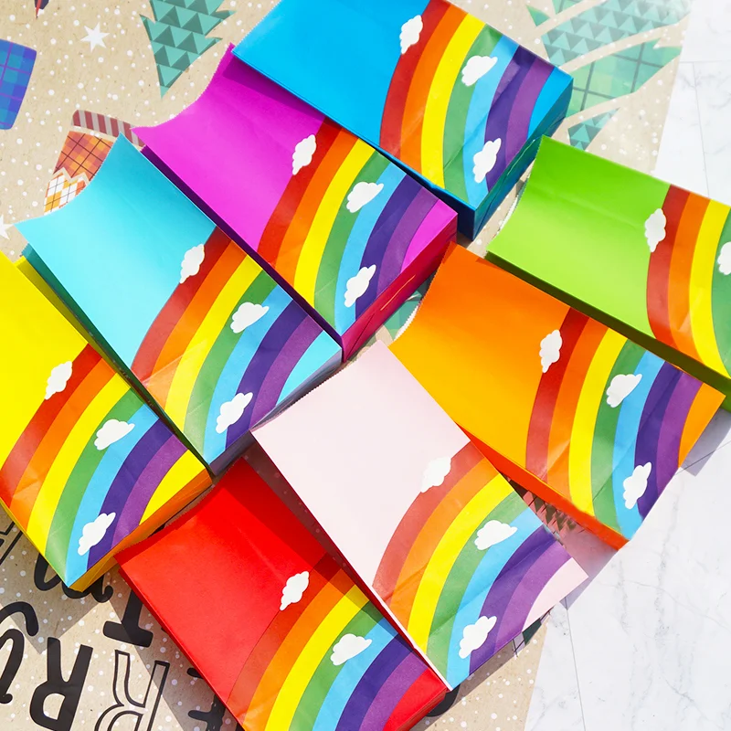 10pcs Kraft Paper Gift Bags Rainbow Wedding Favor Candy Box Cookie Packaging Handbag Christmas Birthday Wedding Party Supplies