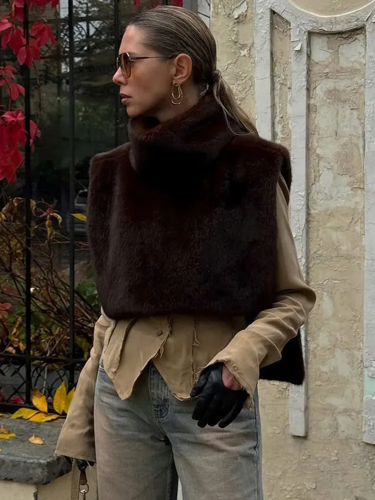 2026 Fashion Faux Fur Sable Vest Crop Top Autumn Winter Turtleneck Eco Mink Fur Tank Tops Sleeveless Jacket Coat Faux Fur Coat