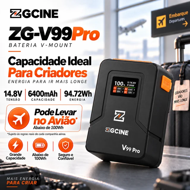 【Do Brasil】ZGCINE ZG-V99Pro Bateria V-Mount V-Lock 14,8V 6400mAh 94,72Wh USB-C PD 100W Carregamento Rápido Tela OLED 1,1” D-Tap para Câmeras Monitores Luzes LED Filmagem Fotografia Vídeo Estúdio