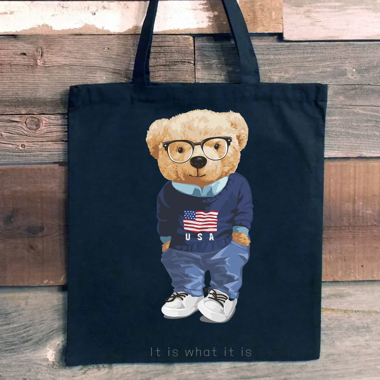 Women Canvas Tote Teddy Bear It Is What It Is Letter Print Shoulder Bag Funny Reusable Shopping Bags Eco Bolsa