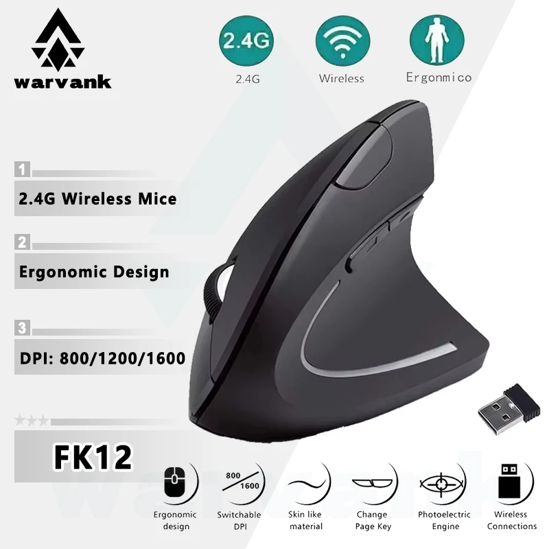 

Warvank Vertical Mouse Ergonomic 2.4GHz Wireless Optical Mice 3 Adjustable DPI 800/1200/1600 for Laptop PC Computer Desktop