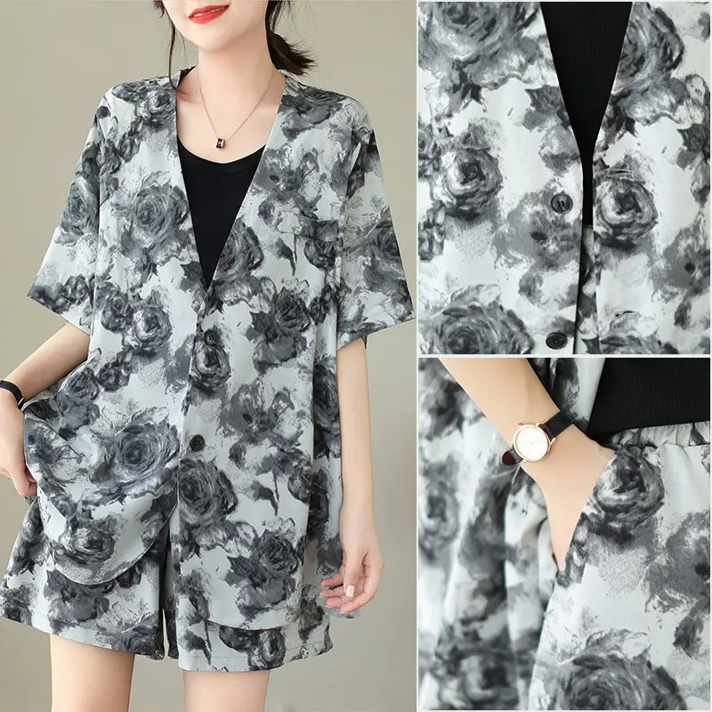 Casual V-Neck Blazer Shorts Suit Set For Women 2023 New Summer High End Ink Painting Fashionable Two Piece Outfits Z1539