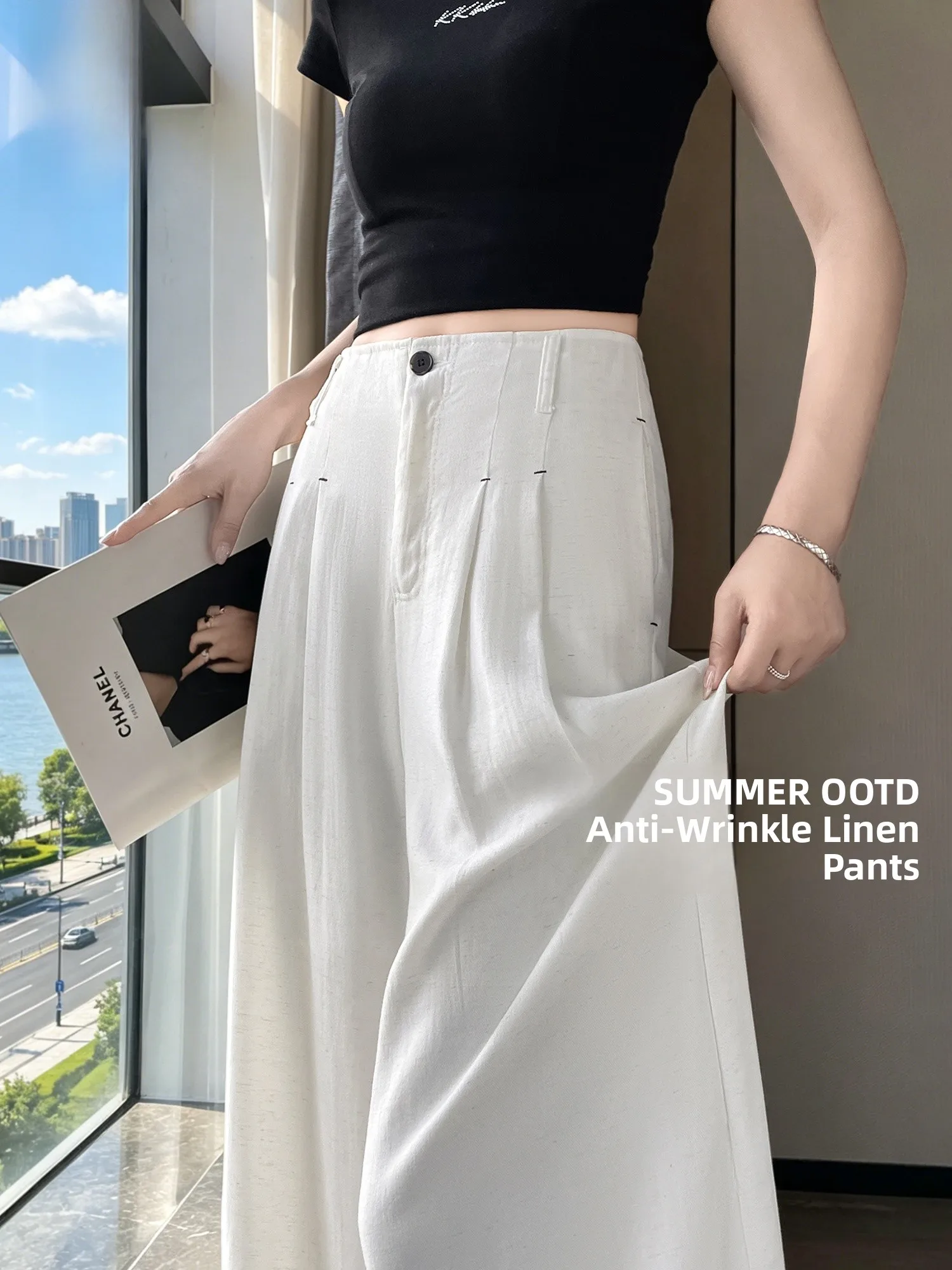 

White Linen Pants Women Summer Thin Loose Ice Silk Suit Wide Leg Pants Anti-Wrinkle Drapey Comfortable High Waist Trousers