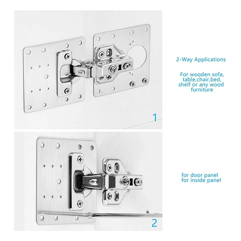Placa de reparación de bisagras de gabinete, herramienta de montaje de reparación de bisagras de puerta de gabinete, placa montada de muebles de acero inoxidable resistente, 8 Uds.