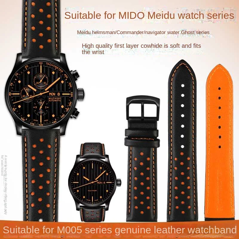 Men\'s Leather Strap For Mido Helmsman m005 Orange Rudder M005614 Male Watch Chain with Butterfly Clasp Bracelet 22mm