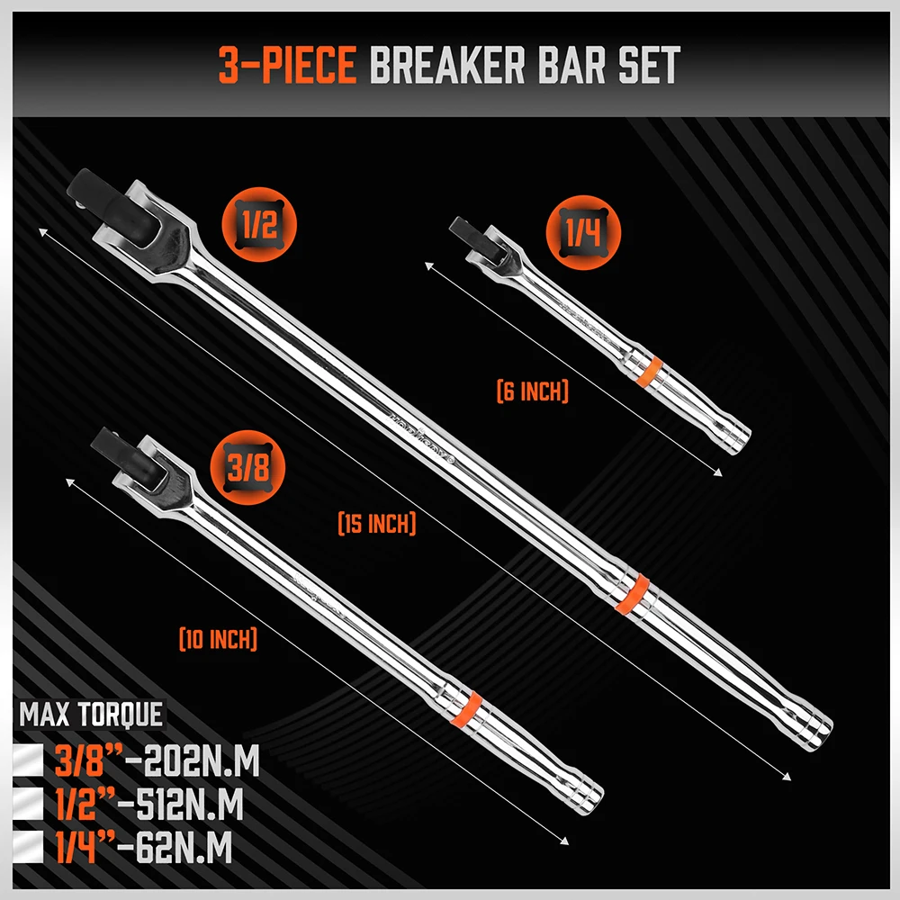 HORUSDY 3Pcs Breaker Bar Set 180° Rotatable Head 1/4 3/8 1/2 Drive 6 10 15 Inch CR-V Steel Heavy Duty Auto Repair Hand Tools