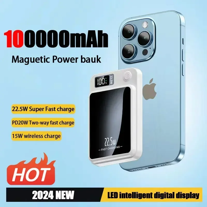 

Hot 100000mAh Wireless Power Bank Magnetic Qi Portable Powerbank Type C Fast Charger For iPhone15 14 13 Samsung MaCsafe