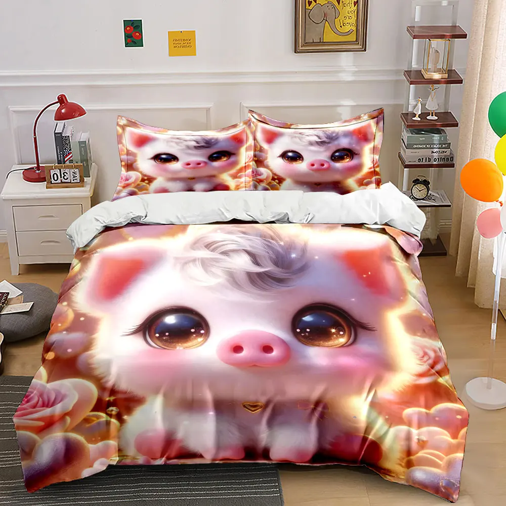 Cute piglet with golden glow Bedding Set for Kids Luxury Gift 3pcs Digital Print Comforter Set Soft Comfortable Breathable