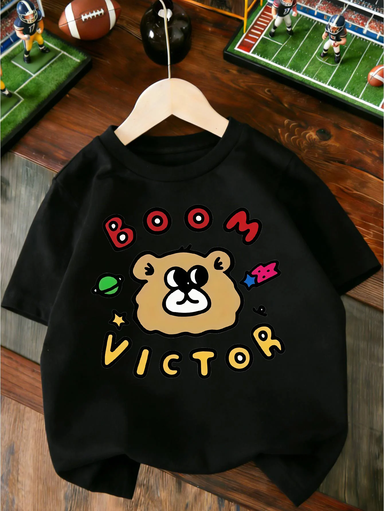 Cute Boom Victor Cartoon Bear With Planet Star Print T Shirt Boys Girls Lovely Short Sleeve Tee Family Matching Kids Cotton Tops