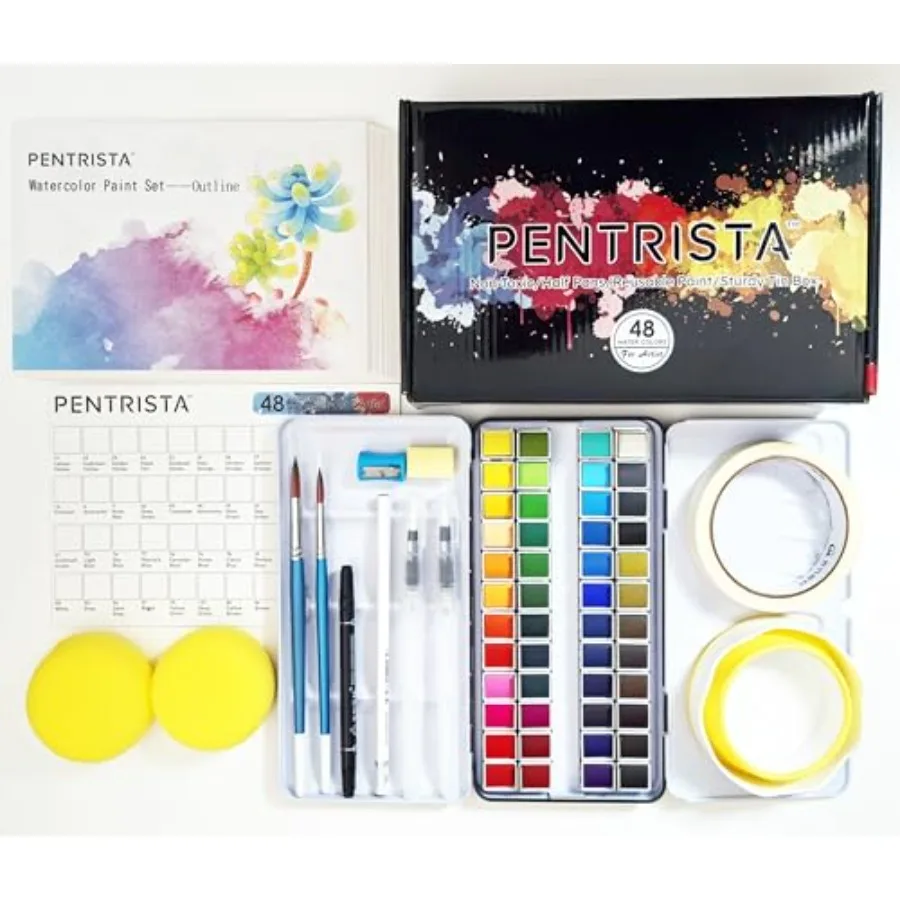 

48-Color Solid Watercolor Set for Adults - 20pcs Watercolor Papers2pcs artist brushed 2pcs water pens Sponge and Cleaner - Perf