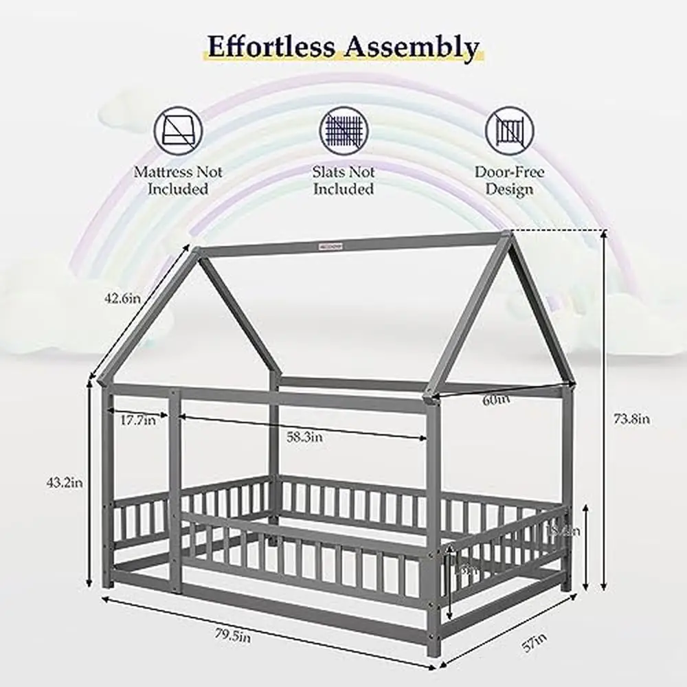 Kids Montessori Full House Floor Bed with Rails Roof and Guardrails Wood House Bed Frame Girls & Boys Grey Ages 3  Pine 79.5