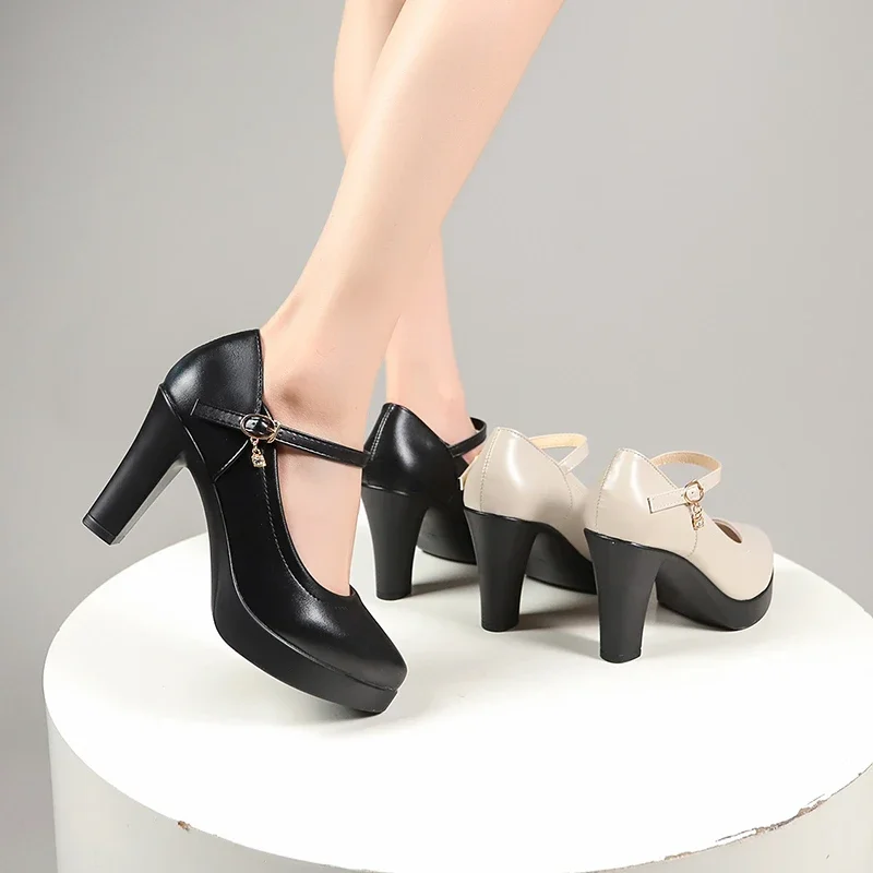 Ankle Strap Thick Heels Pumps for Women 2024 Pu Leather Office High Heeled Shoes Woman's Elegant Platform Mary Jane Shoes Casual