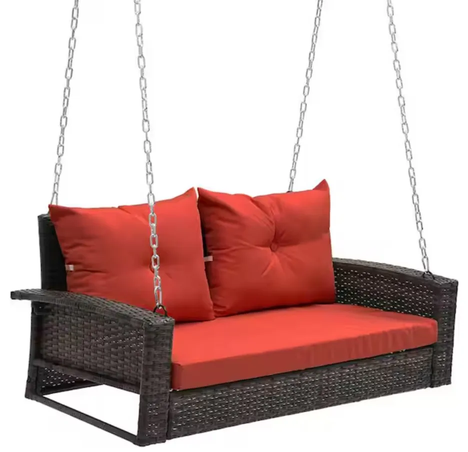 

Brown Patio Swing Lounge with Cushions 2-Person Rattan Hanging Porch Swing Chair Outdoor