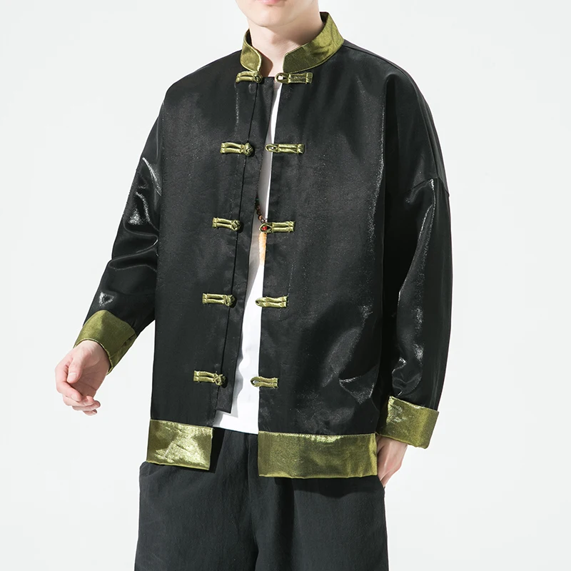 Jaket Hanfu Kerah Tegak Retro Warna Kontras Ukuran Besar untuk Pria, Pakaian Luar Musim Gugur, Model Panjang
