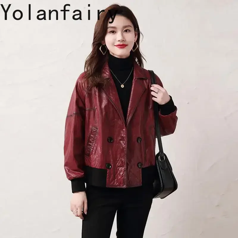 YOLANFAIRY Echtes Leder Jacke Frauen Kurze Öl Wachs Echtes Rindsleder Baseball Mantel Weibliche Lose Mode Leder Kleidung Weibliche Top
