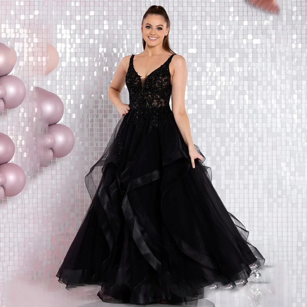

Spaghetti Straps Appliques Evening Dress V-neck Illusion Tulle Prom Dresses A-line Floor Length Evening Gown estido formatura