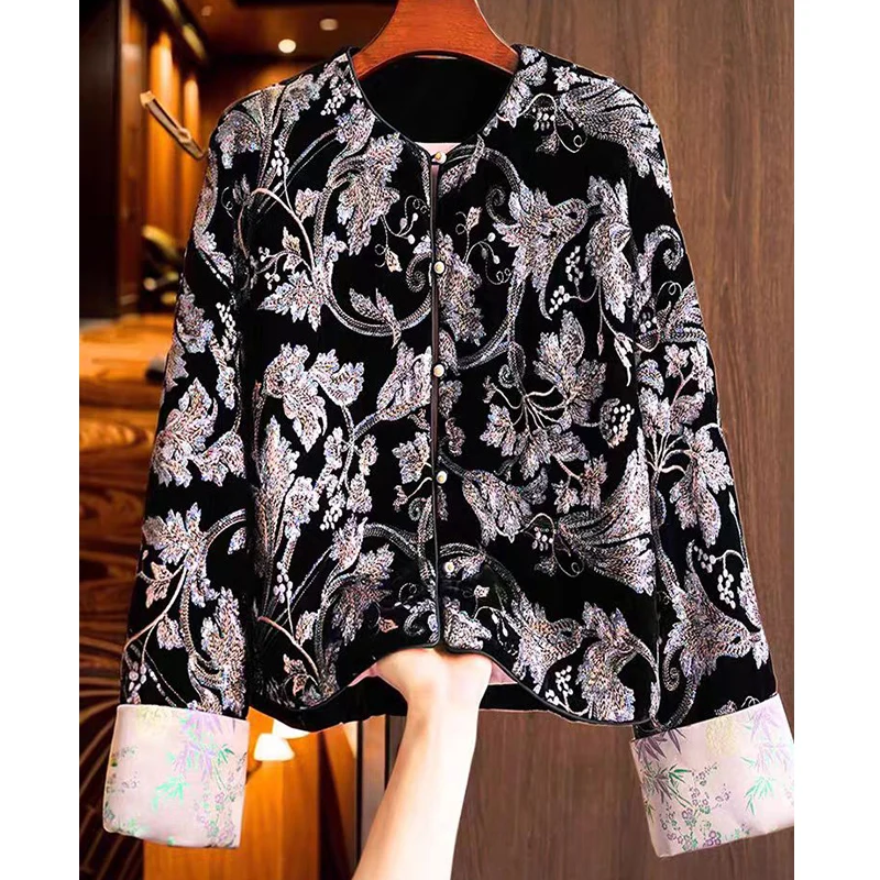 Winter High End Luxury Sequin Embroidered Chinese Style Top Fashion O-Neck Song Cotton Splicing Cuffs Women's Cotton Jacket S-XL