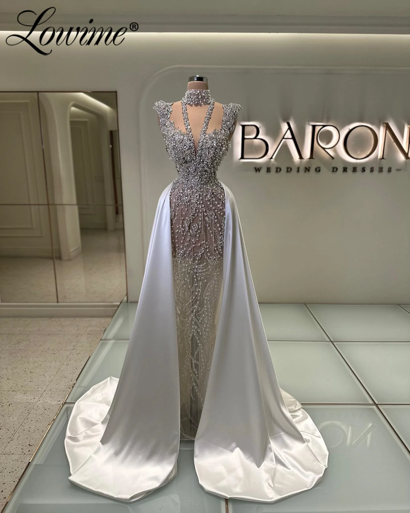 Ivory Heavy Pearl Sparkle Crystals Wedding Party Dress Customized Illusion Prom Gowns Women Vestidos De Fiesta Evening Dresses