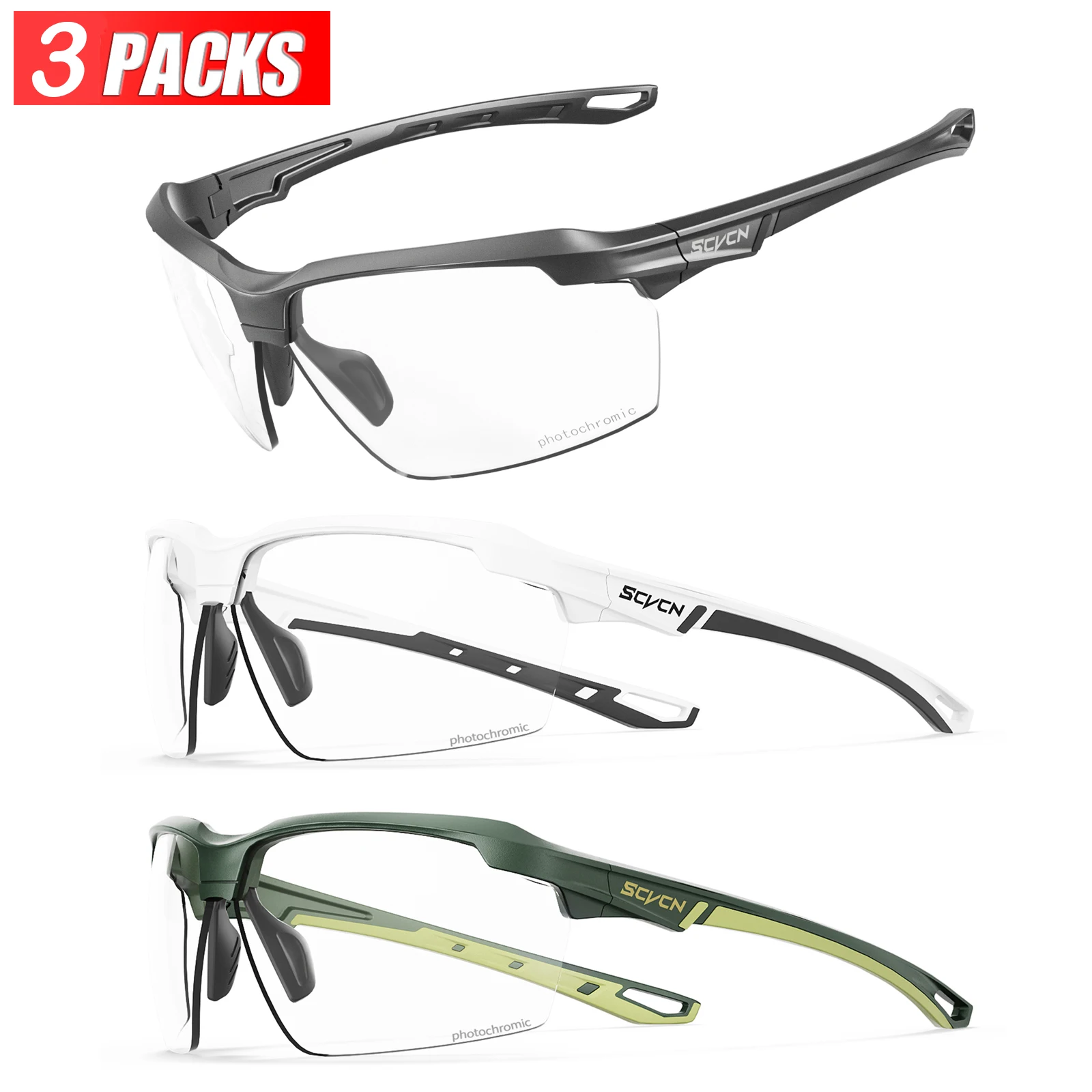 

3 упаковки SCVCN, фотохромные велосипедные солнцезащитные очки, очки для велосипеда, MTB, пешего туризма, гольфа, UV400, спортивные очки для мужчин и женщин, бейсбол