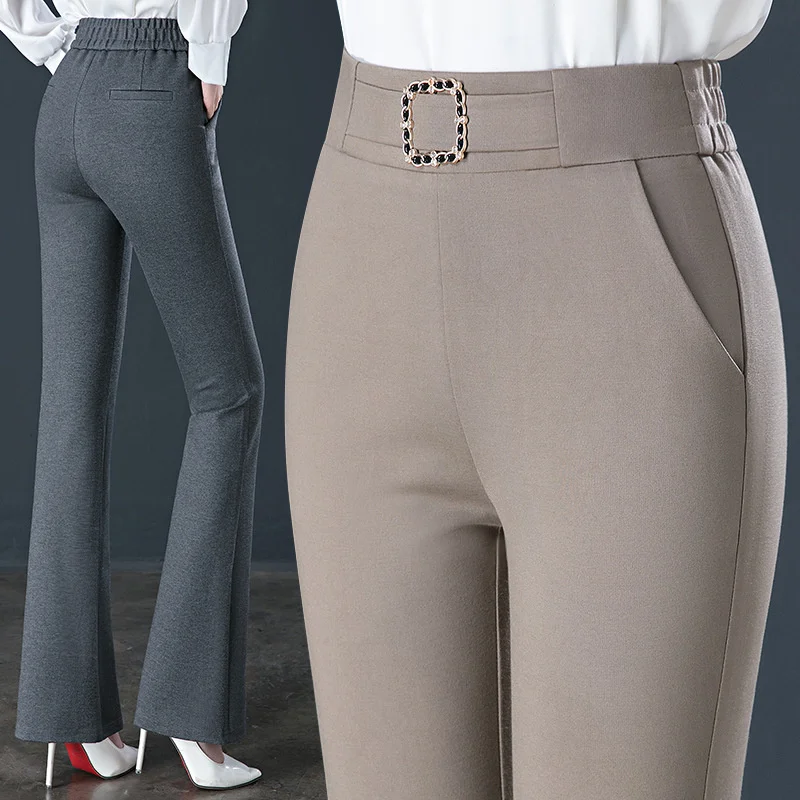 Spring Autumn Women's Pants 2026 New Solid Color High Waist Elastic Micro Bell-Bottoms Middle Aged Female Casual Long Pants 4XL
