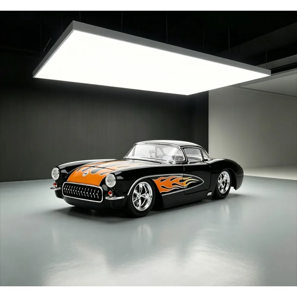 JADA 1:24 Chevrolet Corvette 1957, Negro con Llamas, Modelo Fundido a Presión, Juguete Coleccionable, Regalo