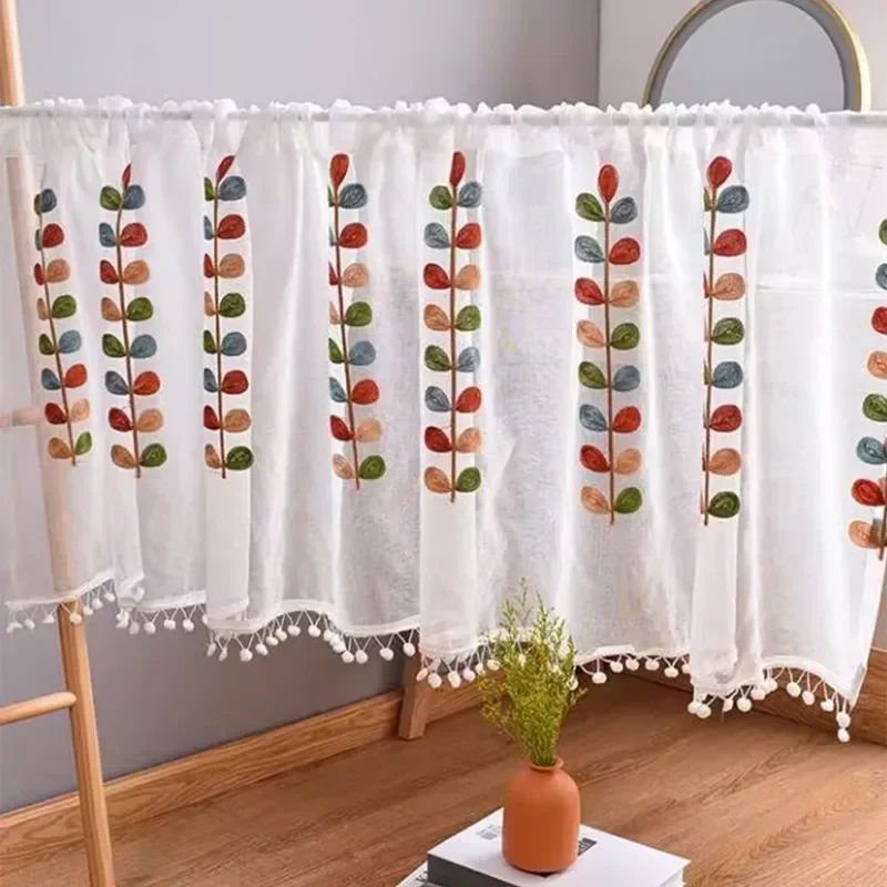 

Short Curtains Colorful Leaves for Kitchen Door Cabinet Decor Drapes Cafe Tulle Window Treatments Kitchen Curtains